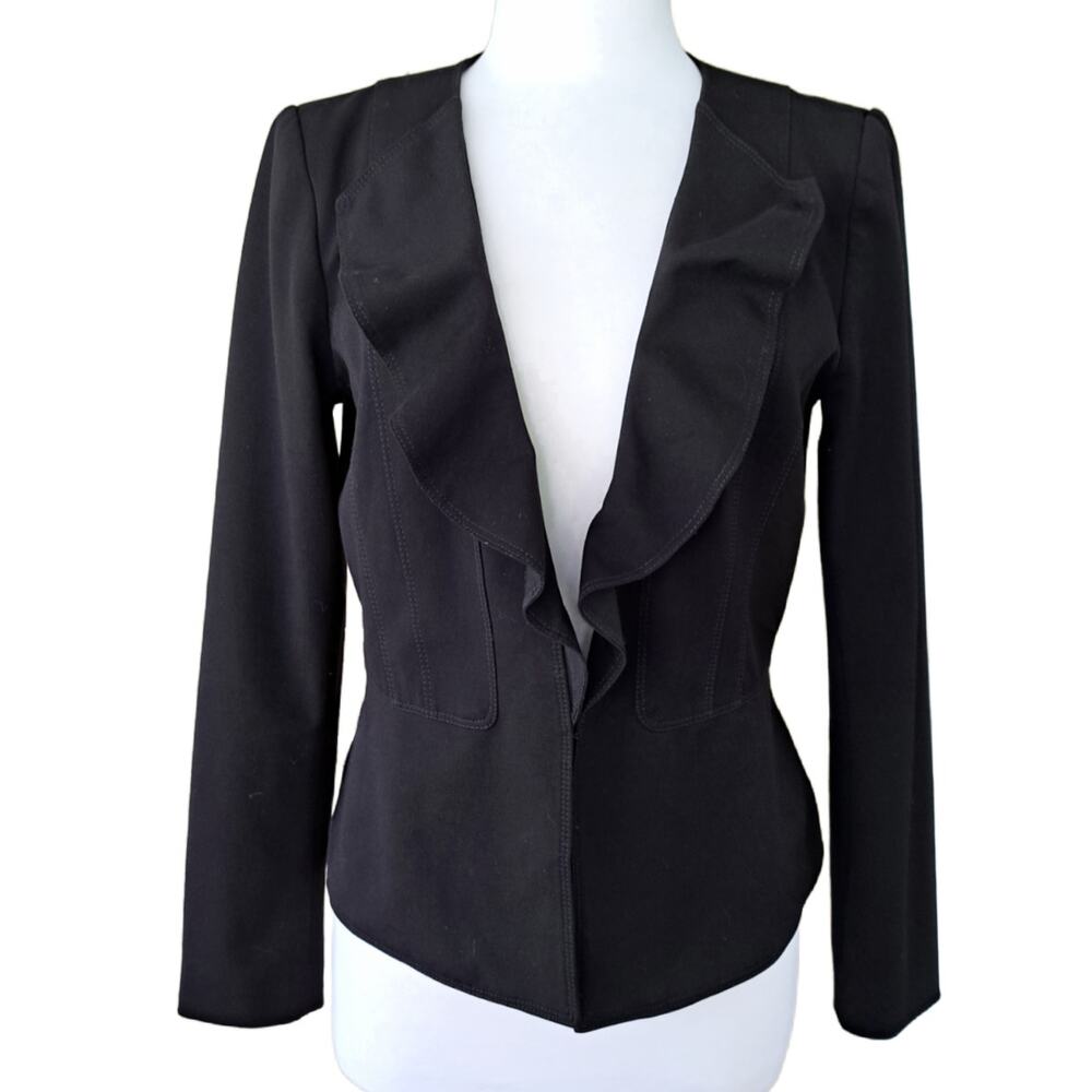 White House Black Market Black Ruffle Front Blazer Jacket Size 8 Workwear